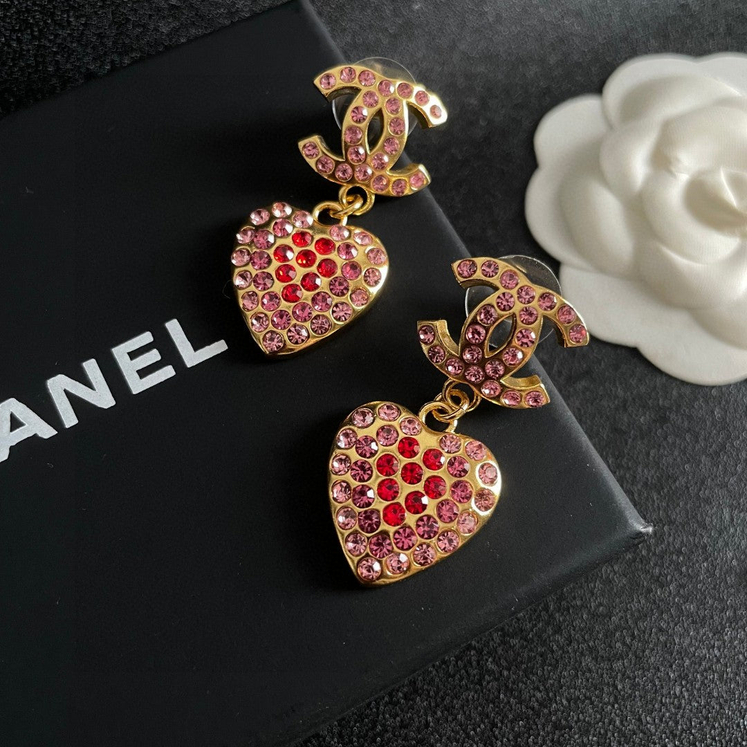Double-C Emblem Crystal-Accent Statement Earrings – Heart Detail – Design 004 detail view