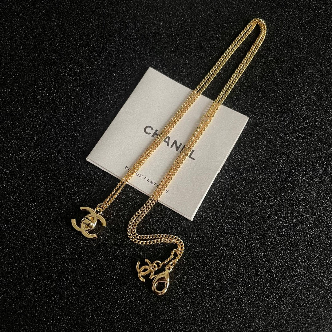 Double-C Emblem Pendant Necklace in Polished Metal-Tone – Design 024 detail view