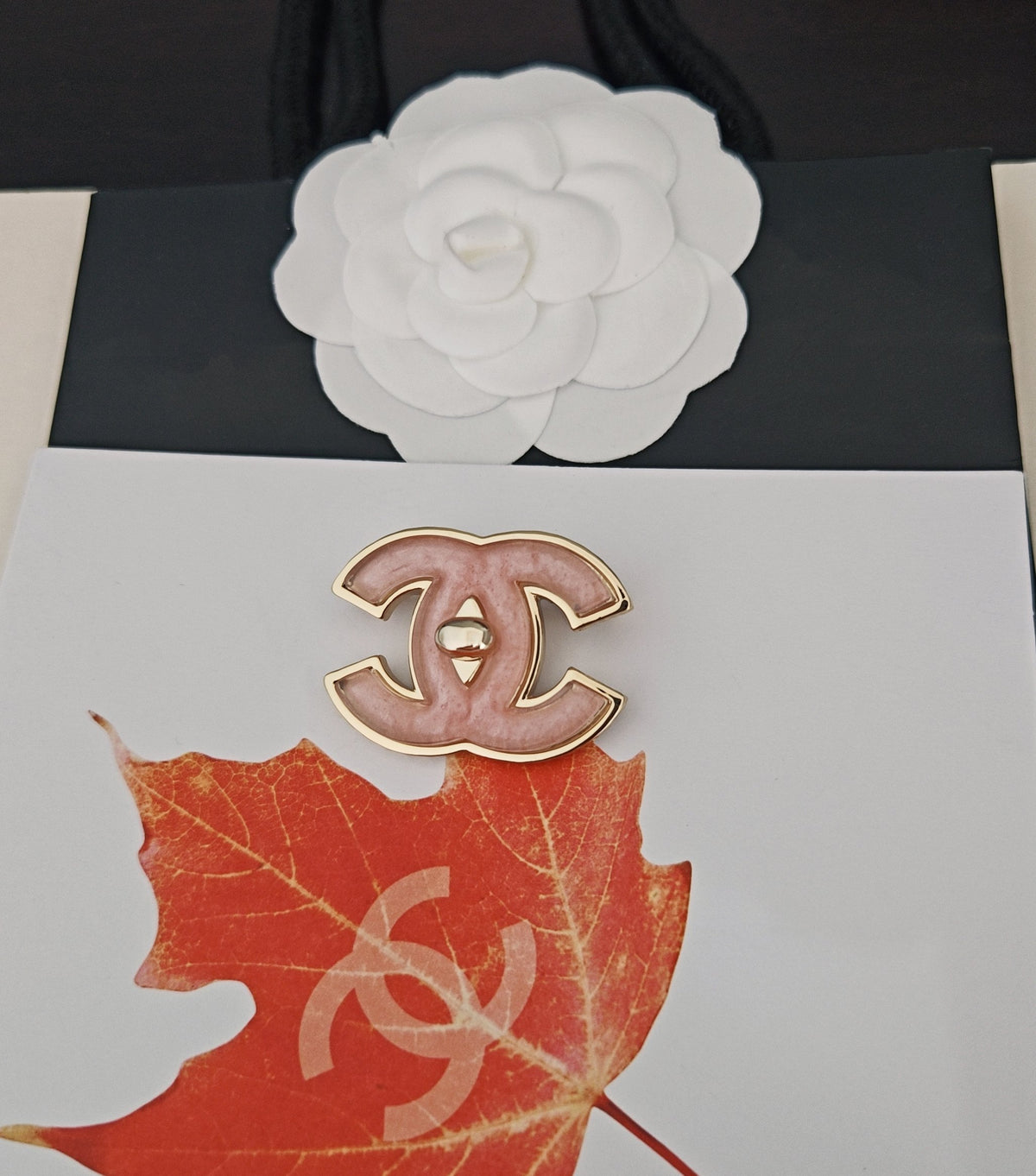 Signature Emblem Brooch in Gold-Tone – Pink Detail side detail