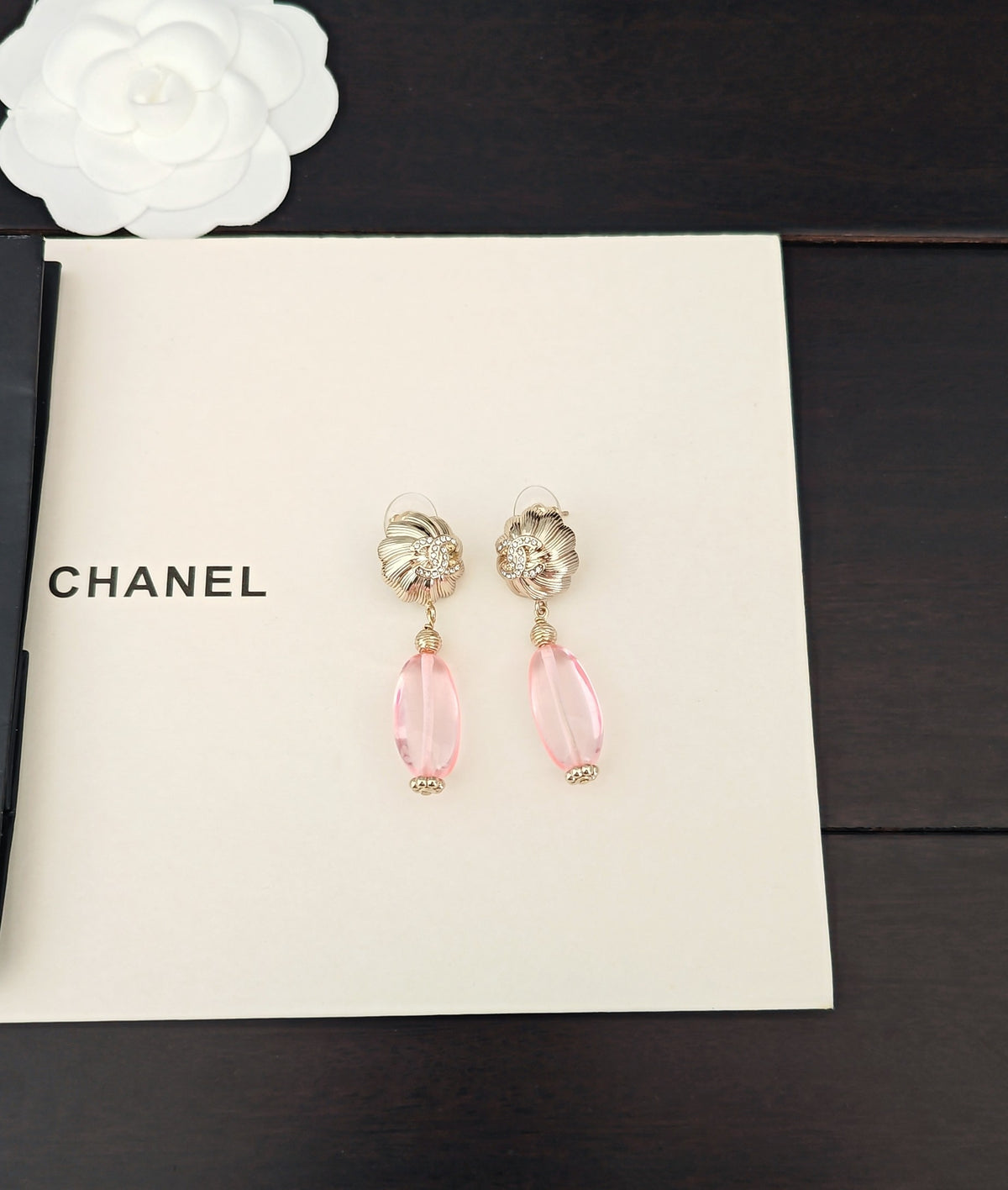 Signature Emblem Statement Earrings in Gold-Tone – Pink Detail close-up detail
