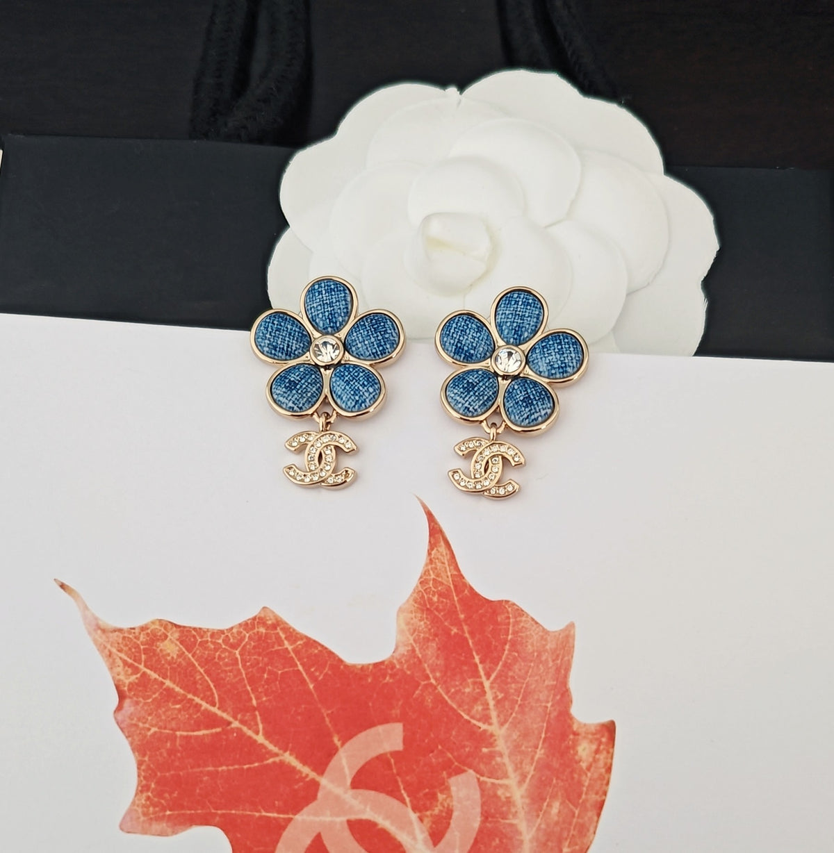Floral Statement Earrings in Gold-Tone – Blue Detail styled product view