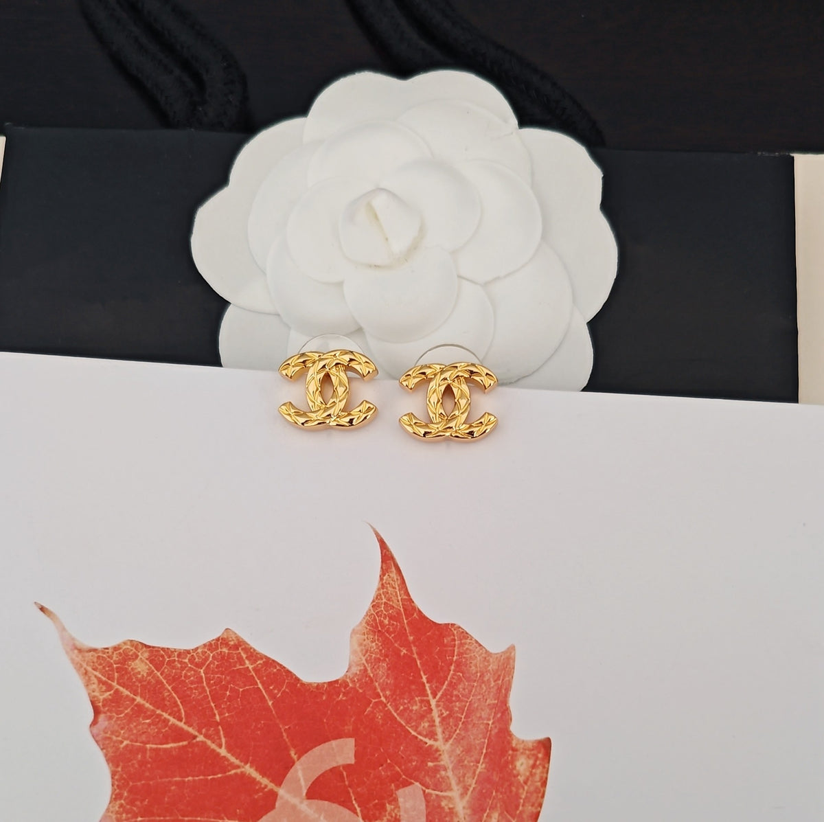 Signature Emblem Stud Earrings in Gold-Tone – Design 075 close-up detail