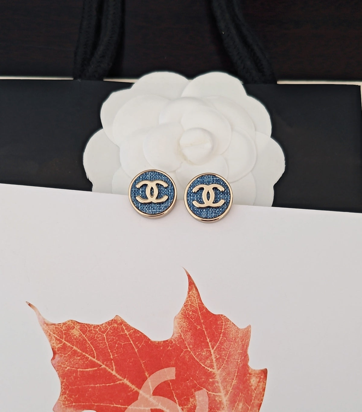 Round Stud Earrings in Gold-Tone – Blue Detail – Design 002 styled product view