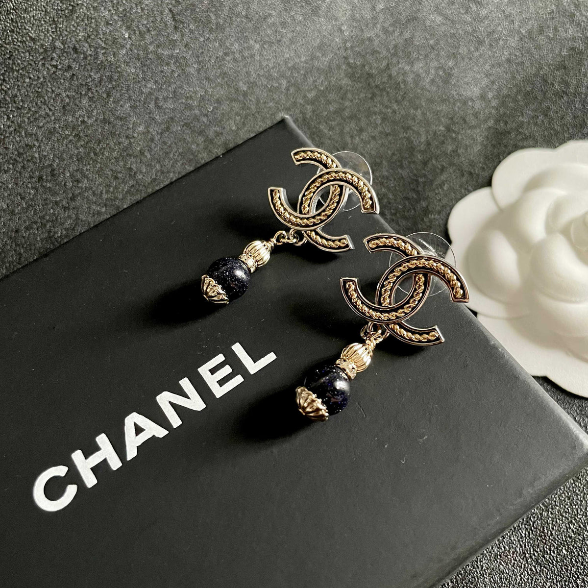 Double-C Emblem Statement Earrings in Polished Metal-Tone – Design 015 detail view