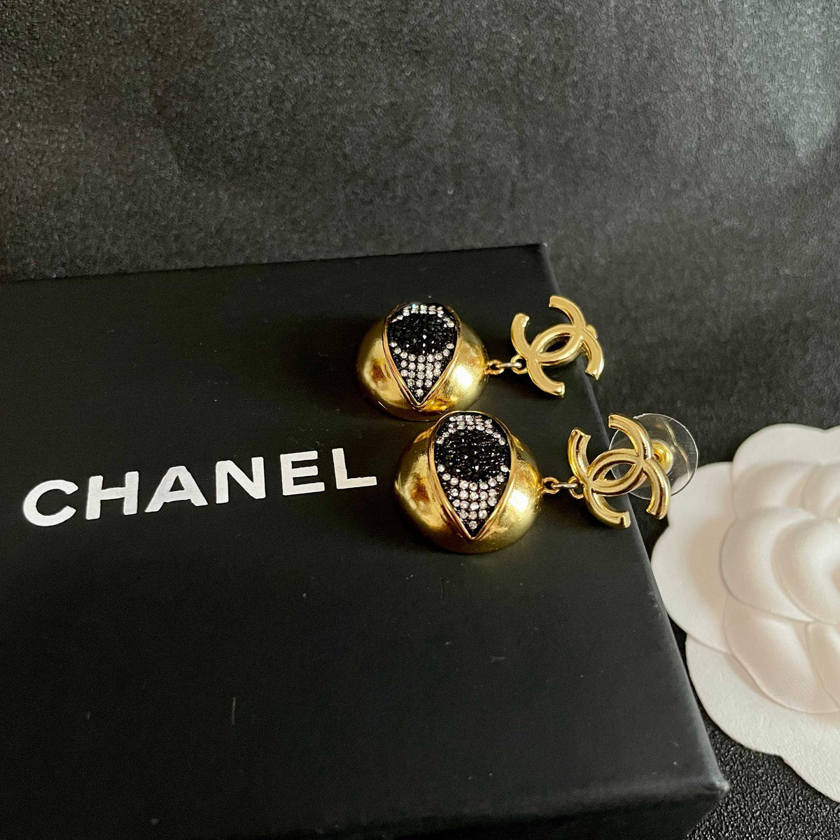 Double-C Emblem Statement Earrings in Polished Metal-Tone – Design 023 front product view