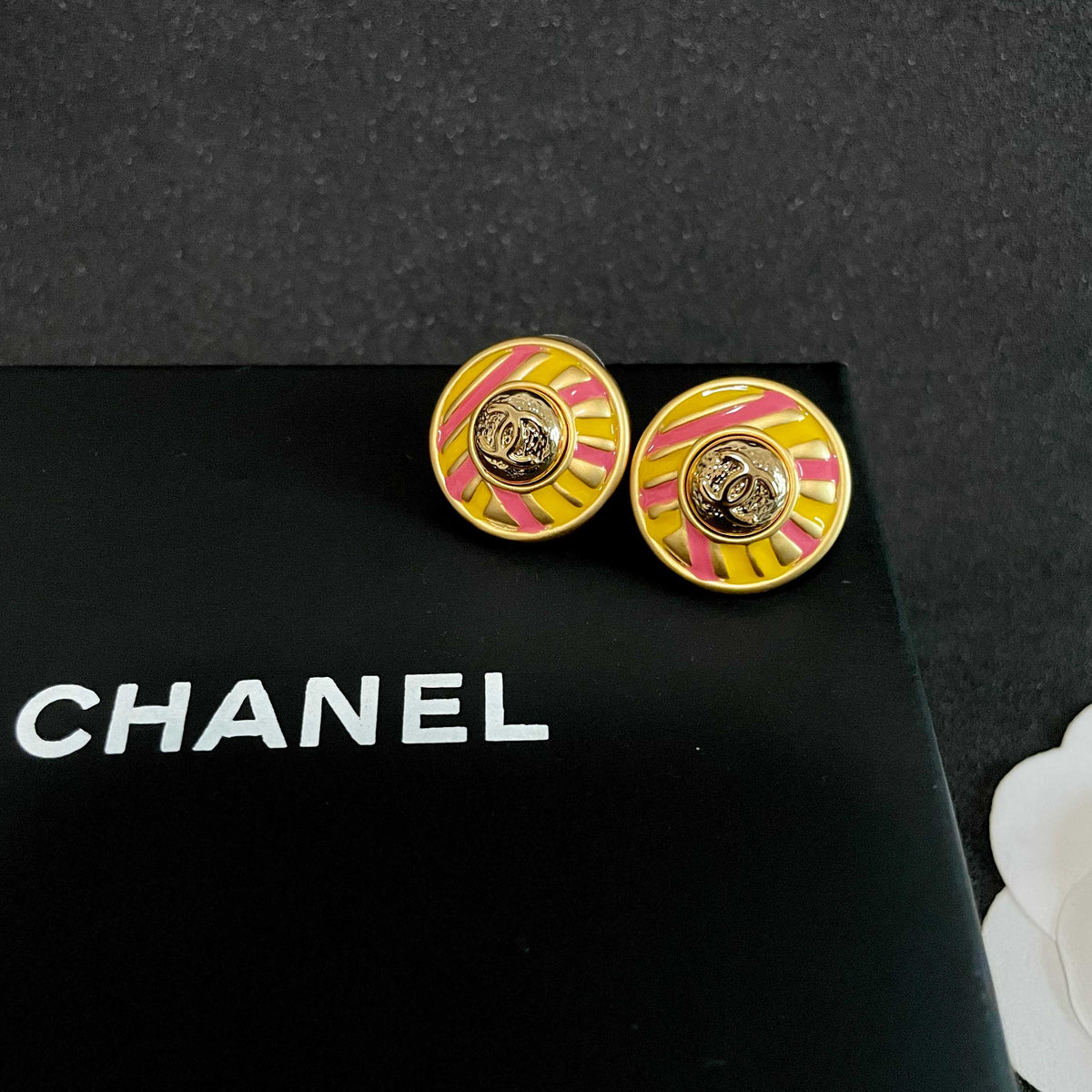 Signature Emblem Stud Earrings in Polished Metal-Tone – Design 104 detail view