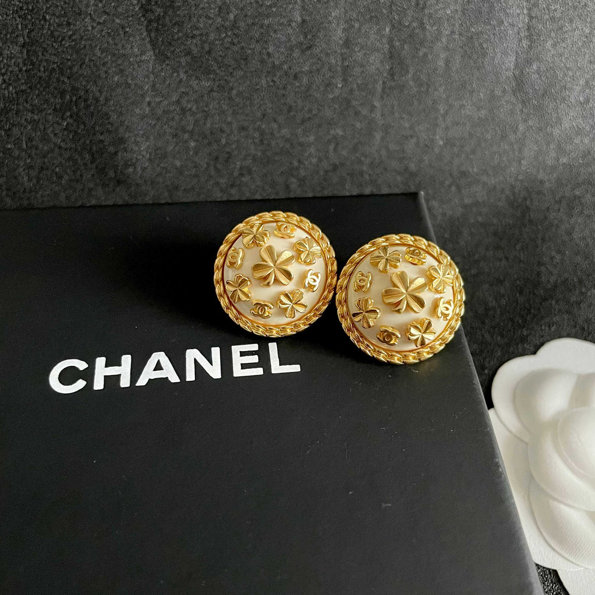 Camellia Stud Earrings in Polished Metal-Tone – Camellia Detail – Design 050 detail view