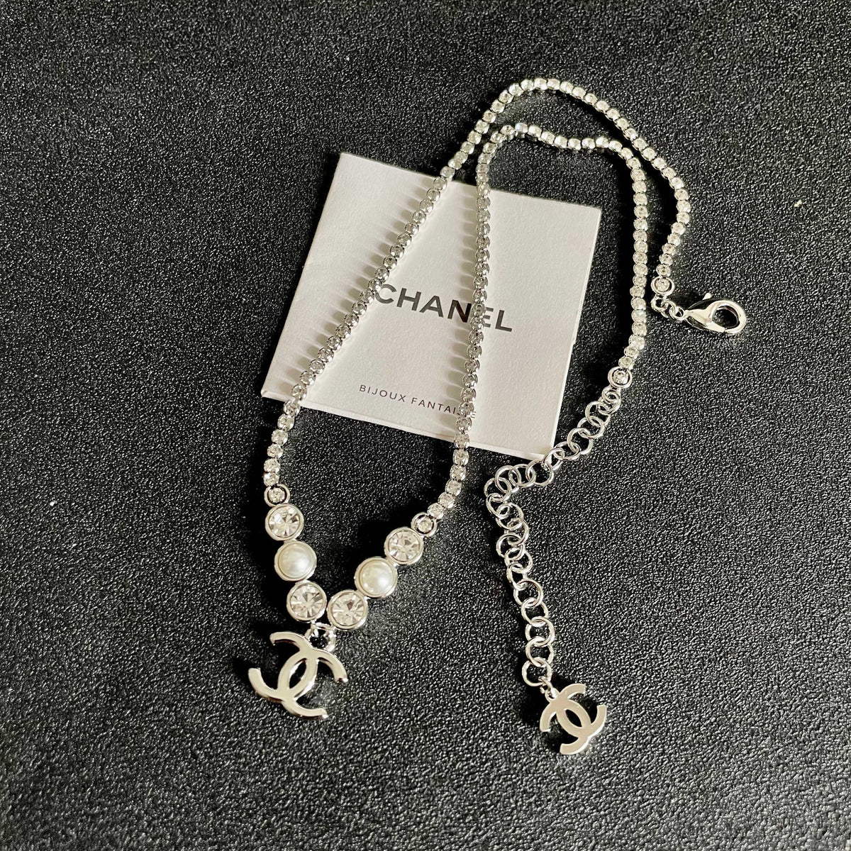 Double-C Emblem Pearl-Detail Pendant Necklace – Pearl Detail – Design 127 detail view
