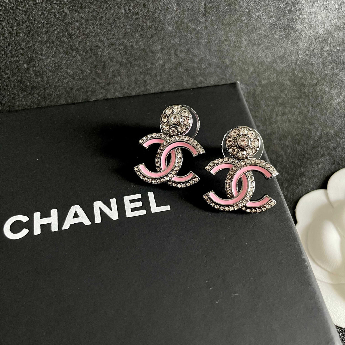 Double-C Emblem Crystal-Accent Statement Earrings – Design 008 detail view