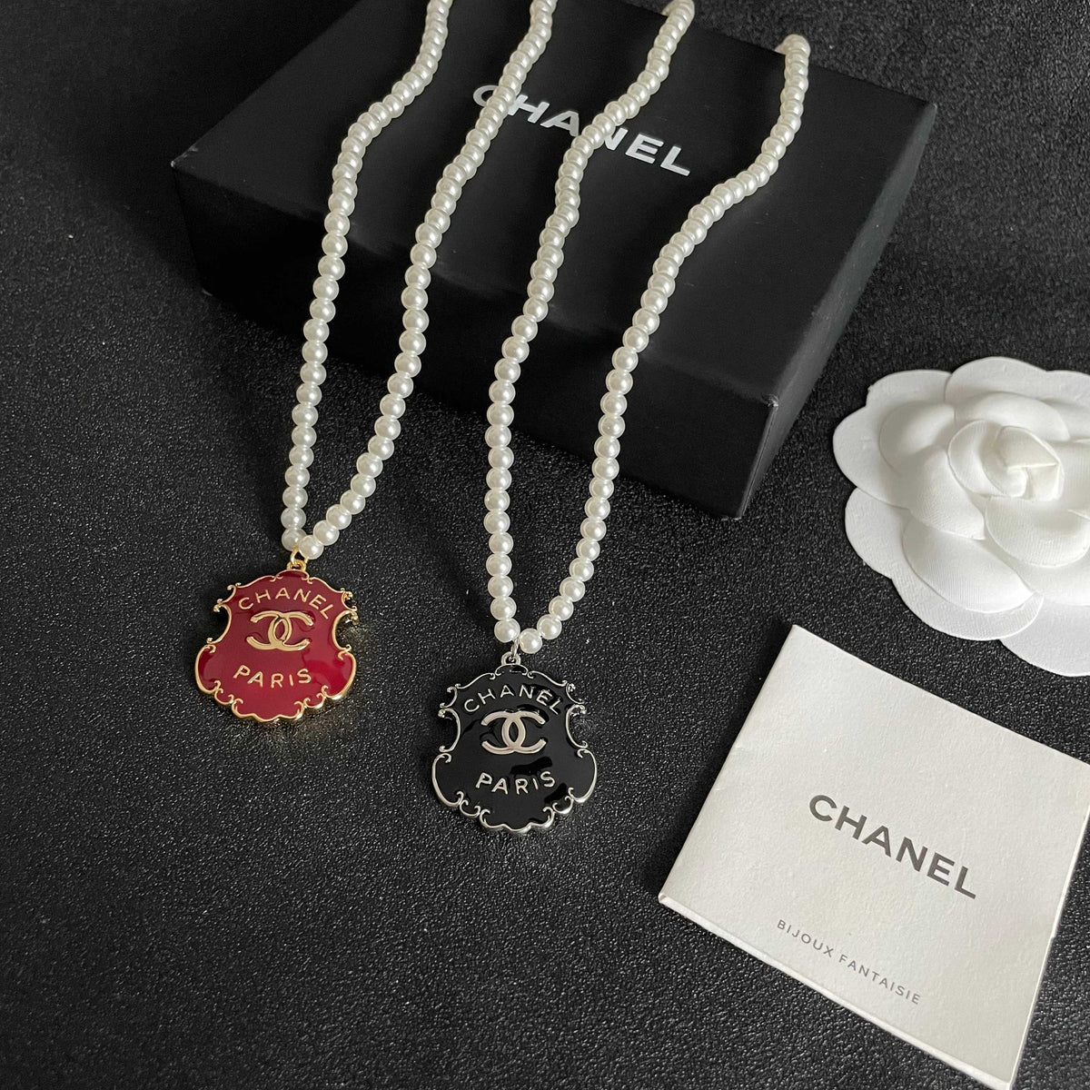 Double-C Emblem Pearl-Detail Pendant Necklace – Pearl Detail – Design 002 side detail