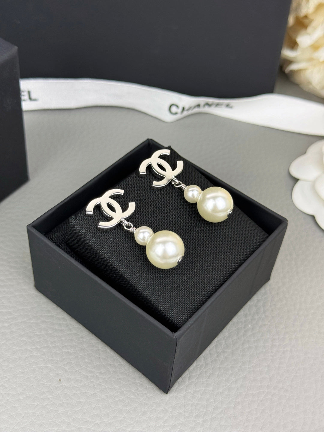 Double-C Emblem Pearl-Detail Statement Earrings – Pearl Detail – Design 025 detail view