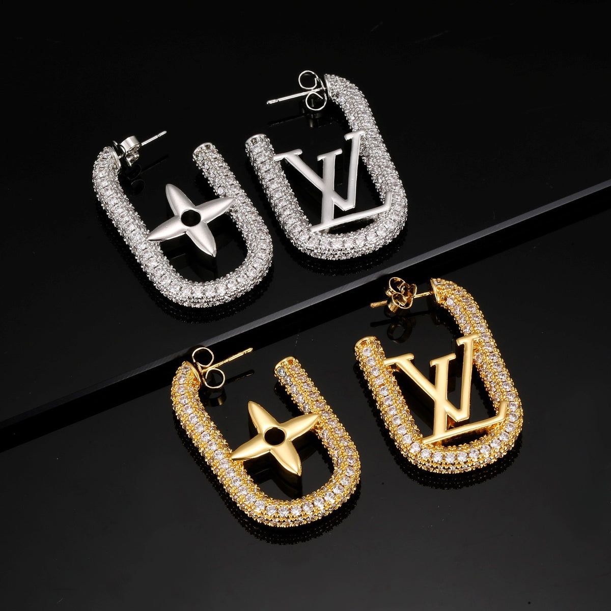 Letter Emblem Stud Earrings in Polished Metal-Tone – Design 016 styled product view