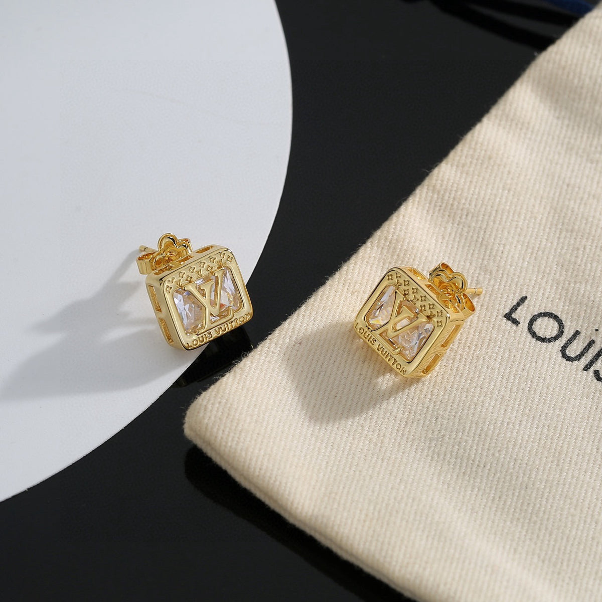 Geometric Emblem Stud Earrings in Polished Metal-Tone – Design 016 styled product view