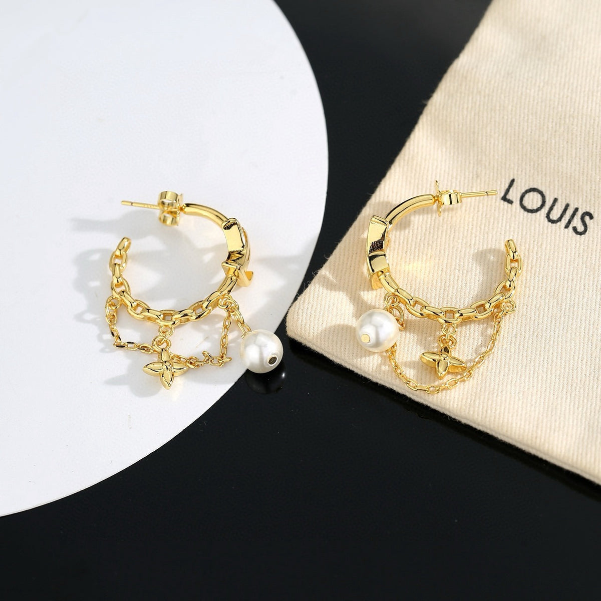 Letter Emblem Stud Earrings in Polished Metal-Tone – Design 015 front product view