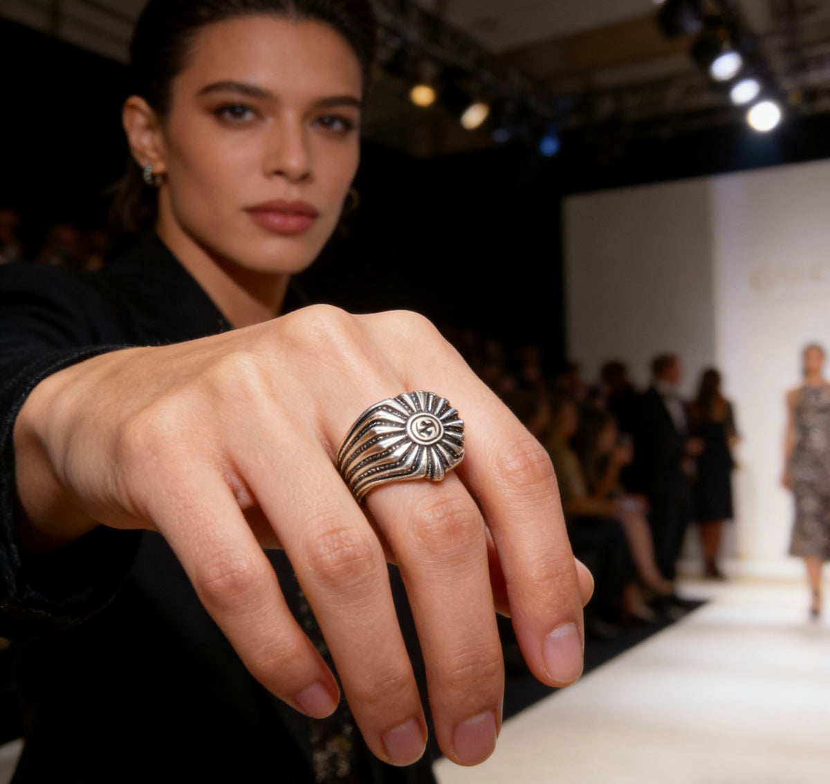 Double-G Emblem Statement Ring in Polished Metal-Tone – Design 004 detail view