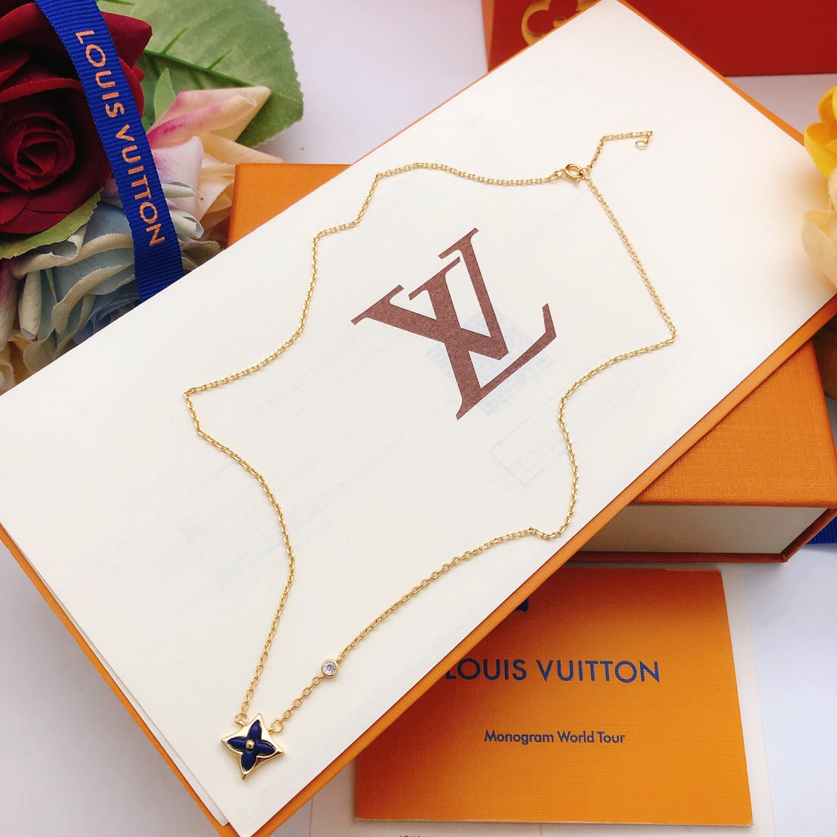 Geometric Emblem Pendant Necklace in Gold-Tone – Blue Detail – Design 005 main product view