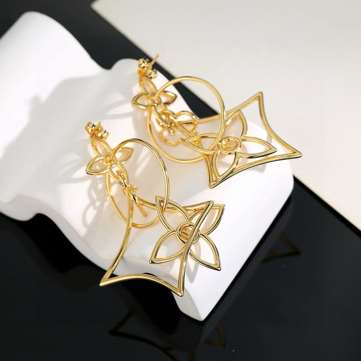 Letter Emblem Stud Earrings in Polished Metal-Tone – Design 018 front product view