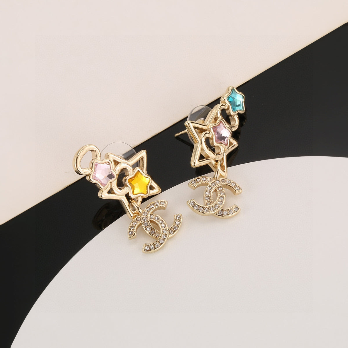 Double-C Emblem Stud Earrings in Gold-Tone – Star Detail – Design 005 main product view