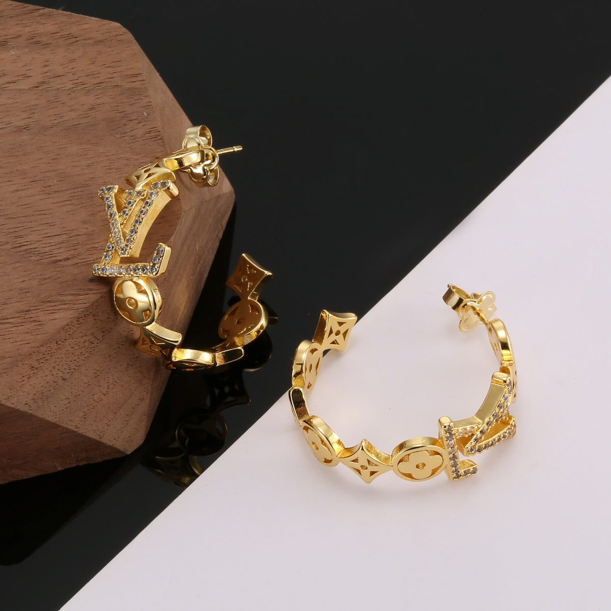 Geometric Emblem Stud Earrings in Polished Metal-Tone – Design 027 styled product view
