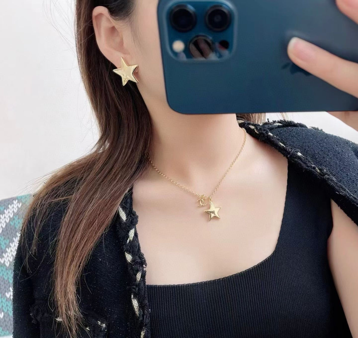 Double-C Emblem Stud Earrings in Gold-Tone – Star Detail – Design 007 front product view
