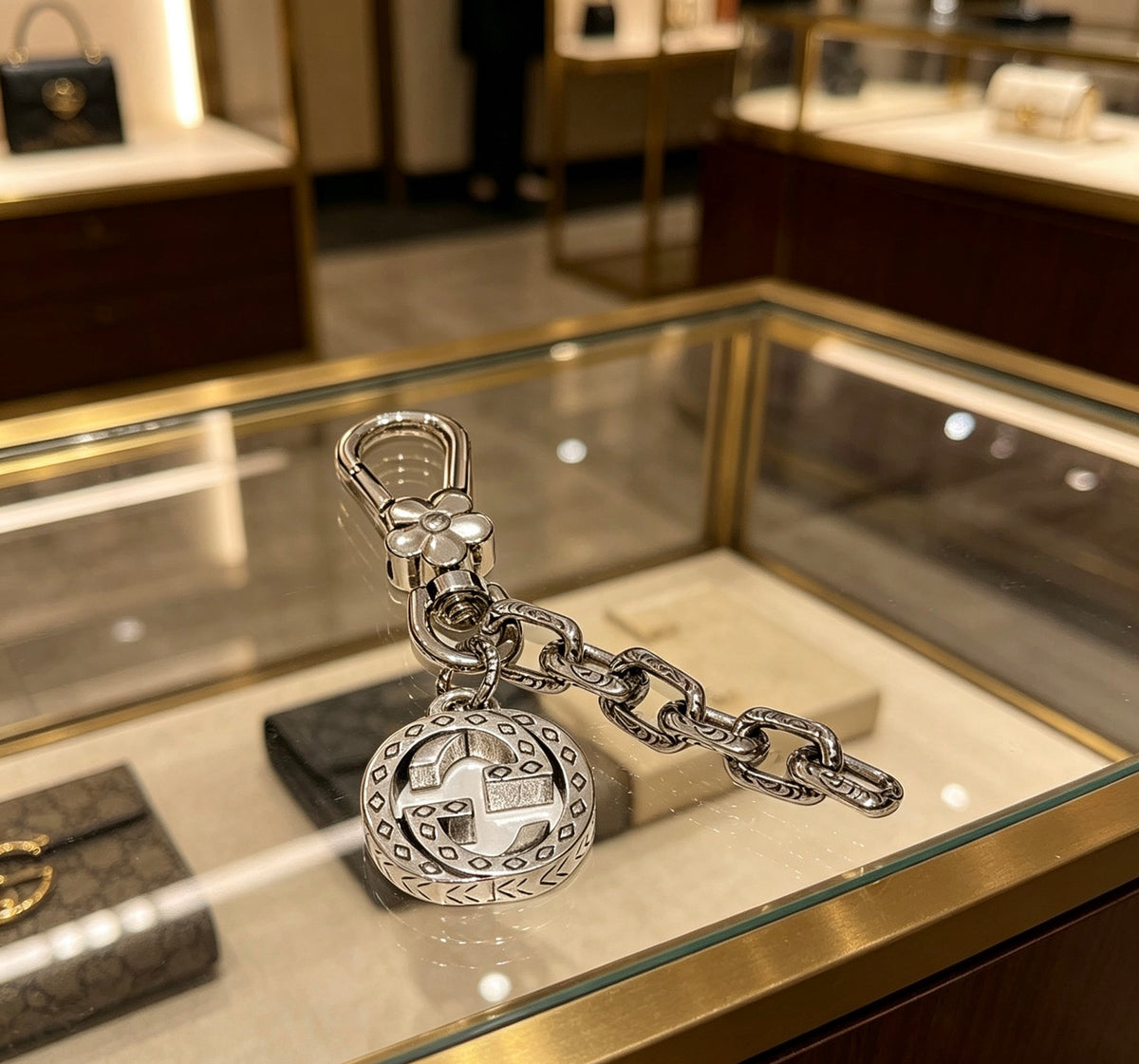Double-G Emblem Keychain in Polished Metal-Tone – Design 034 styled product view