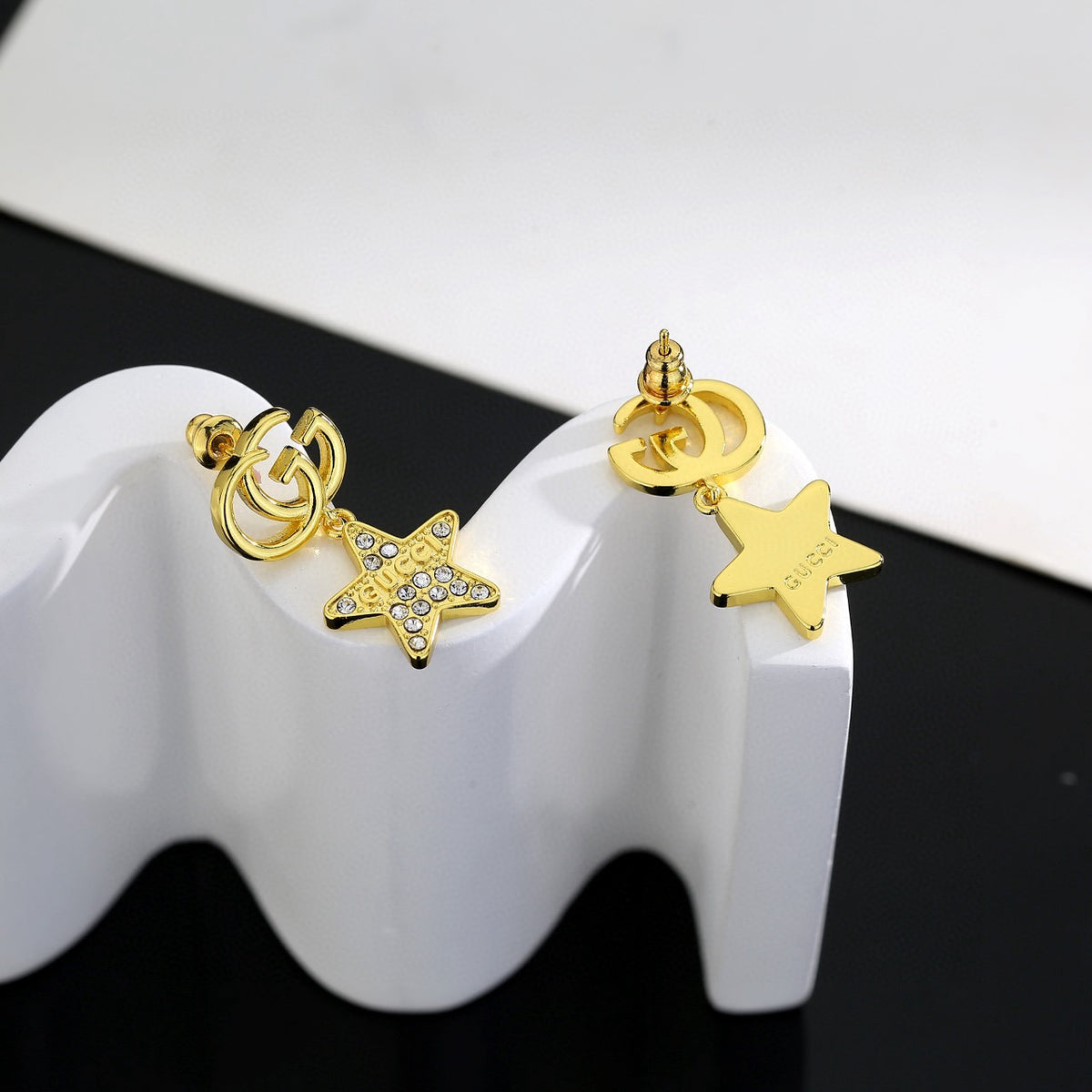 Geometric Emblem Stud Earrings in Polished Metal-Tone – Design 043 front product view