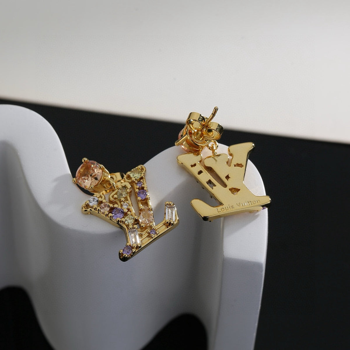 Letter Emblem Stud Earrings in Polished Metal-Tone – Design 006 main product view