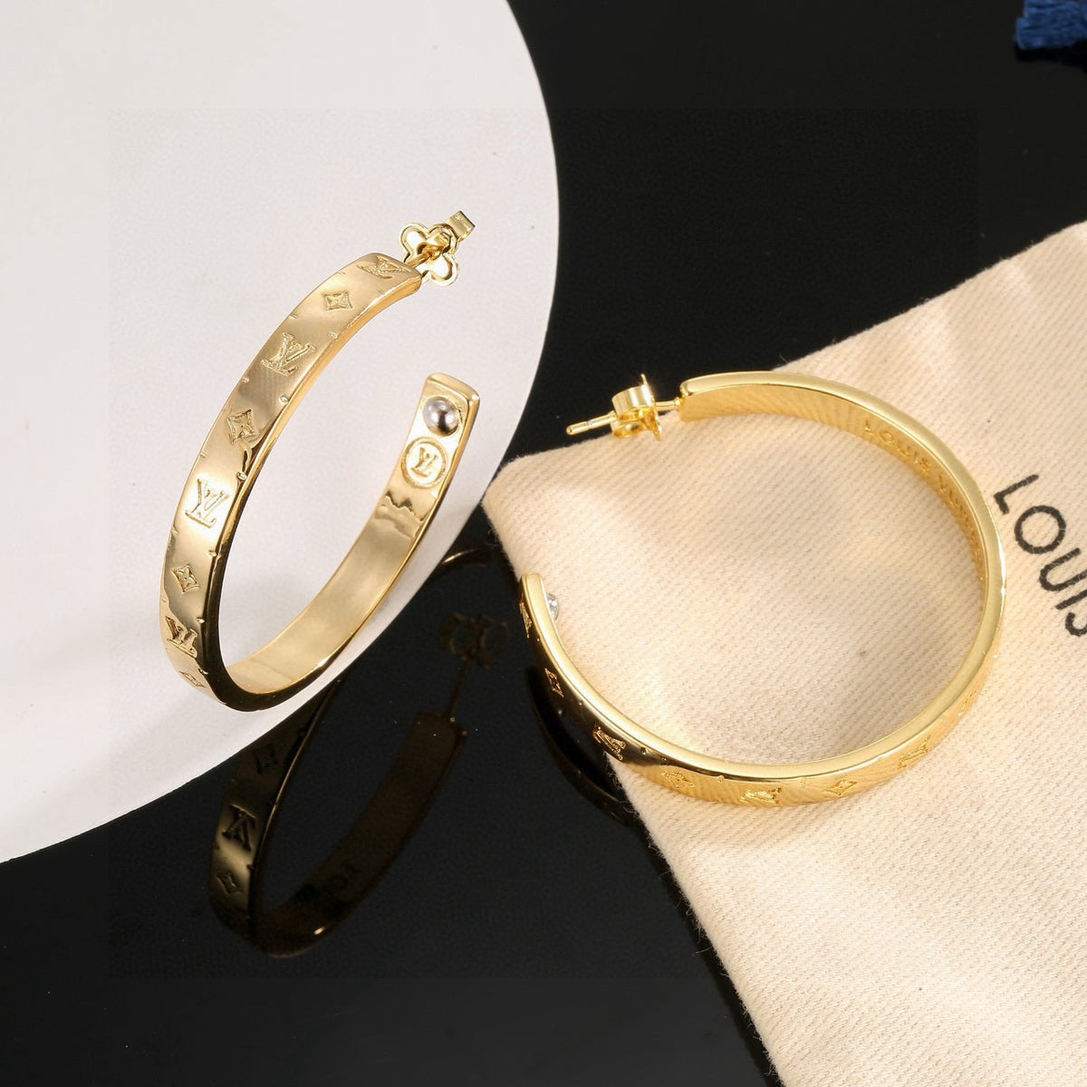Letter Emblem Stud Earrings in Polished Metal-Tone – Design 037 main product view