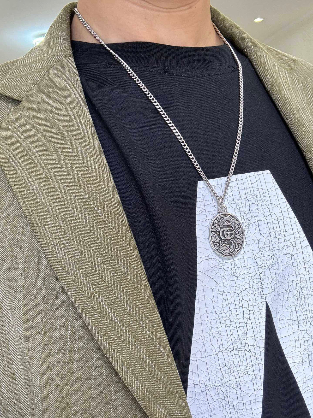 Double-G Emblem Pendant Necklace in Polished Metal-Tone – Design 200 detail view