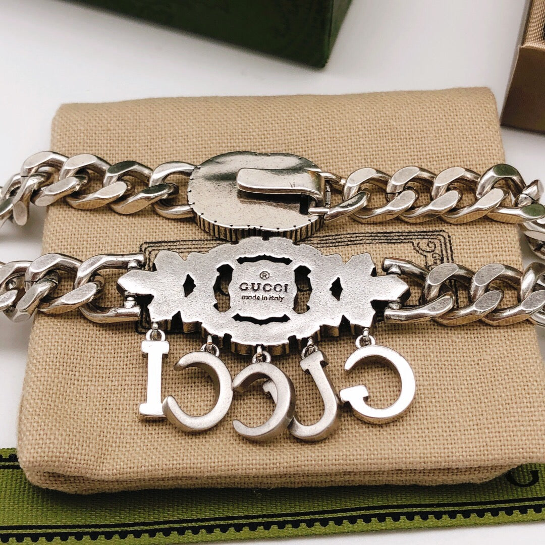 Double-G Emblem Pendant Necklace in Polished Metal-Tone – Design 205 detail view