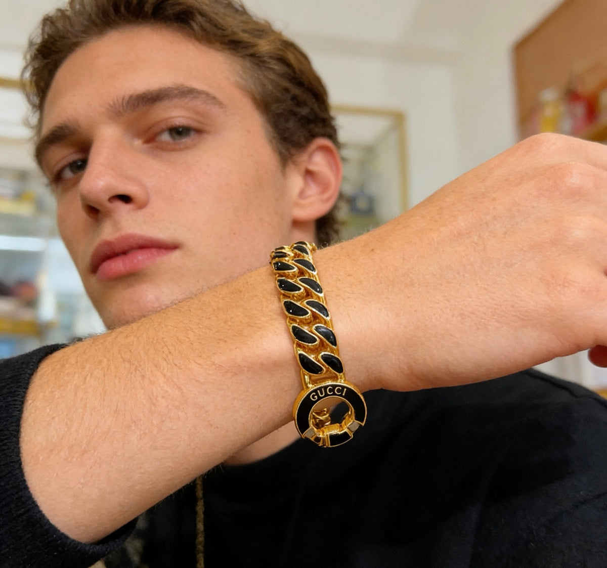 Geometric Emblem Bracelet in Polished Metal-Tone – Design 109 detail view