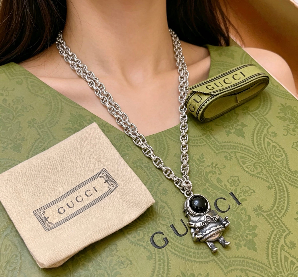 Double-G Emblem Pendant Necklace in Polished Metal-Tone – Design 243 detail view