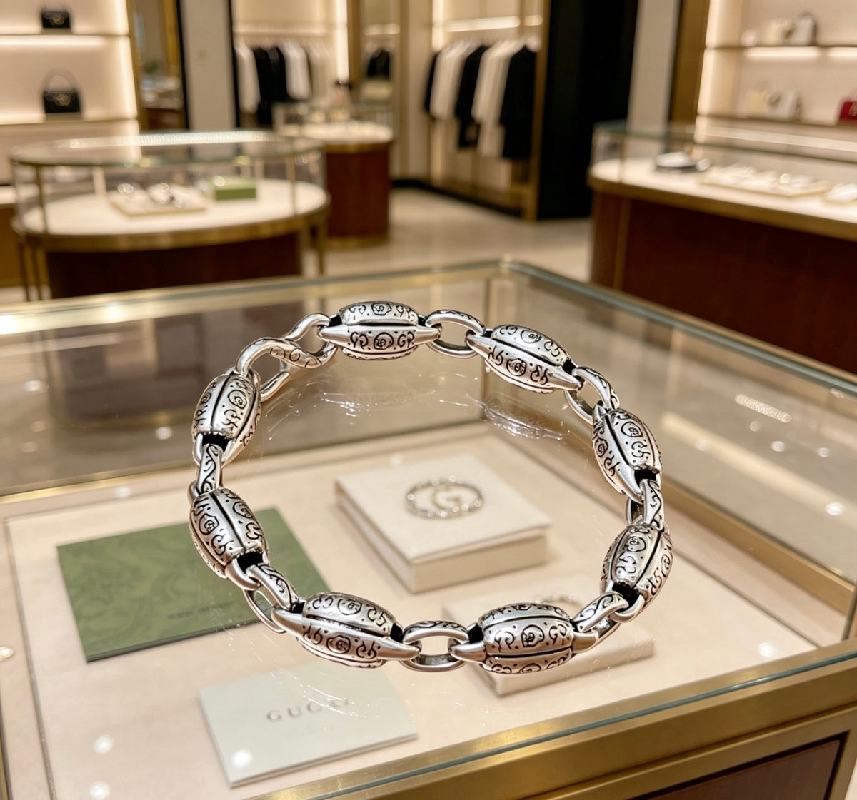 Geometric Emblem Bracelet in Polished Metal-Tone – Design 122 detail view