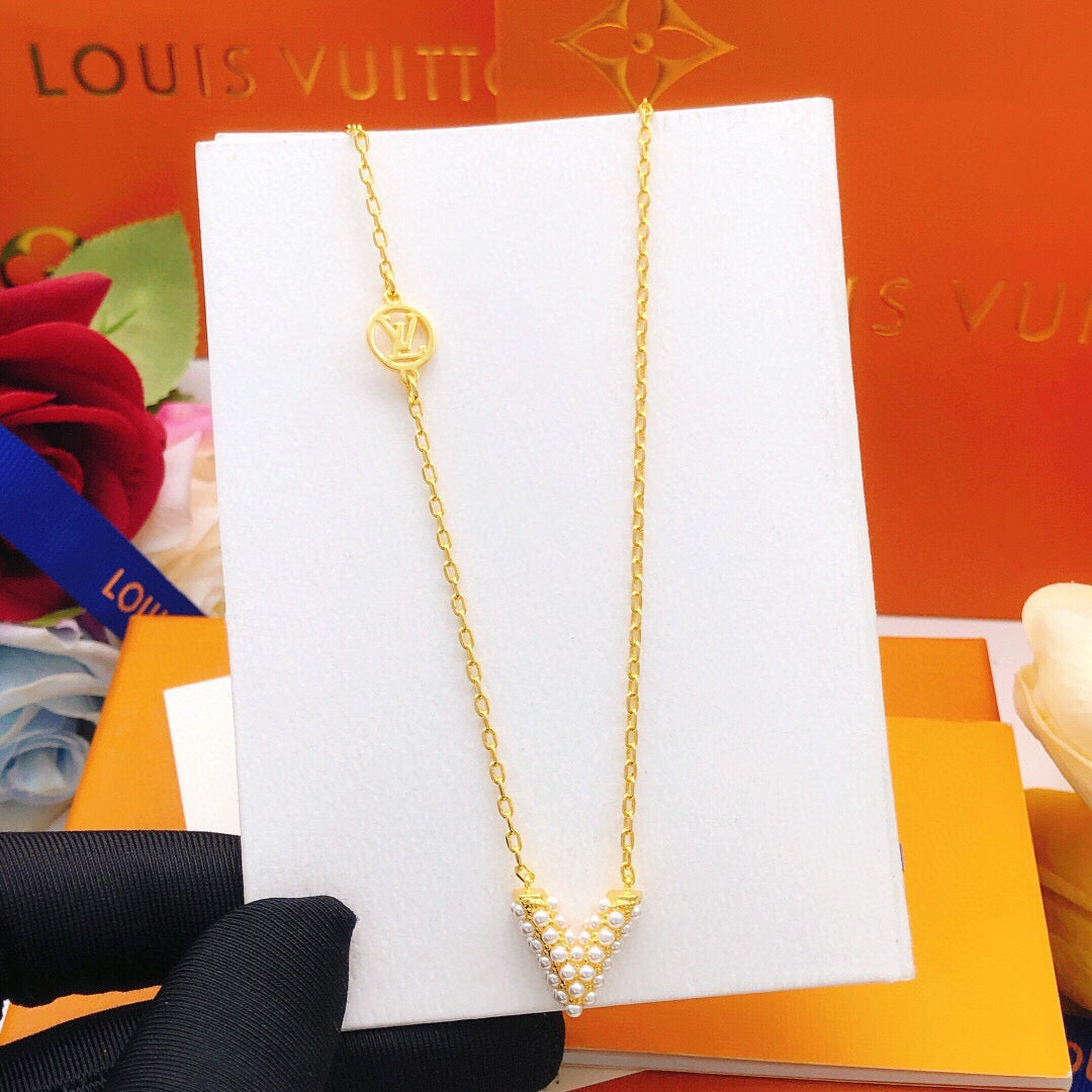 Geometric Emblem Pendant Necklace in Gold-Tone – Pearl Detail – Design 002 styled product view