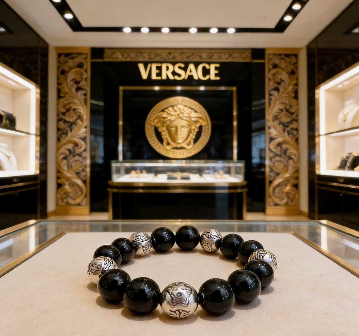 Medusa Head Beaded Bracelet with Agate-Style Beads – Rock-Inspired detail view
