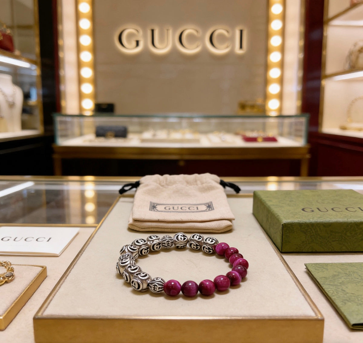 Double-G Emblem Beaded Bracelet in Polished Metal-Tone – Crystal Detail – Design 008 detail view