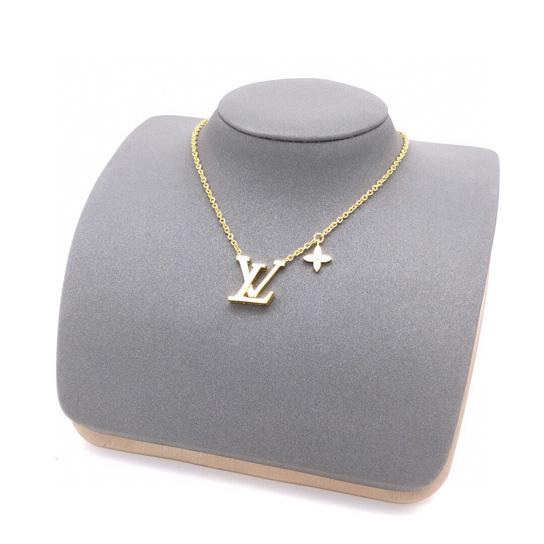 Geometric Emblem Pendant Necklace in Gold-Tone – White Detail – Design 002 front product view