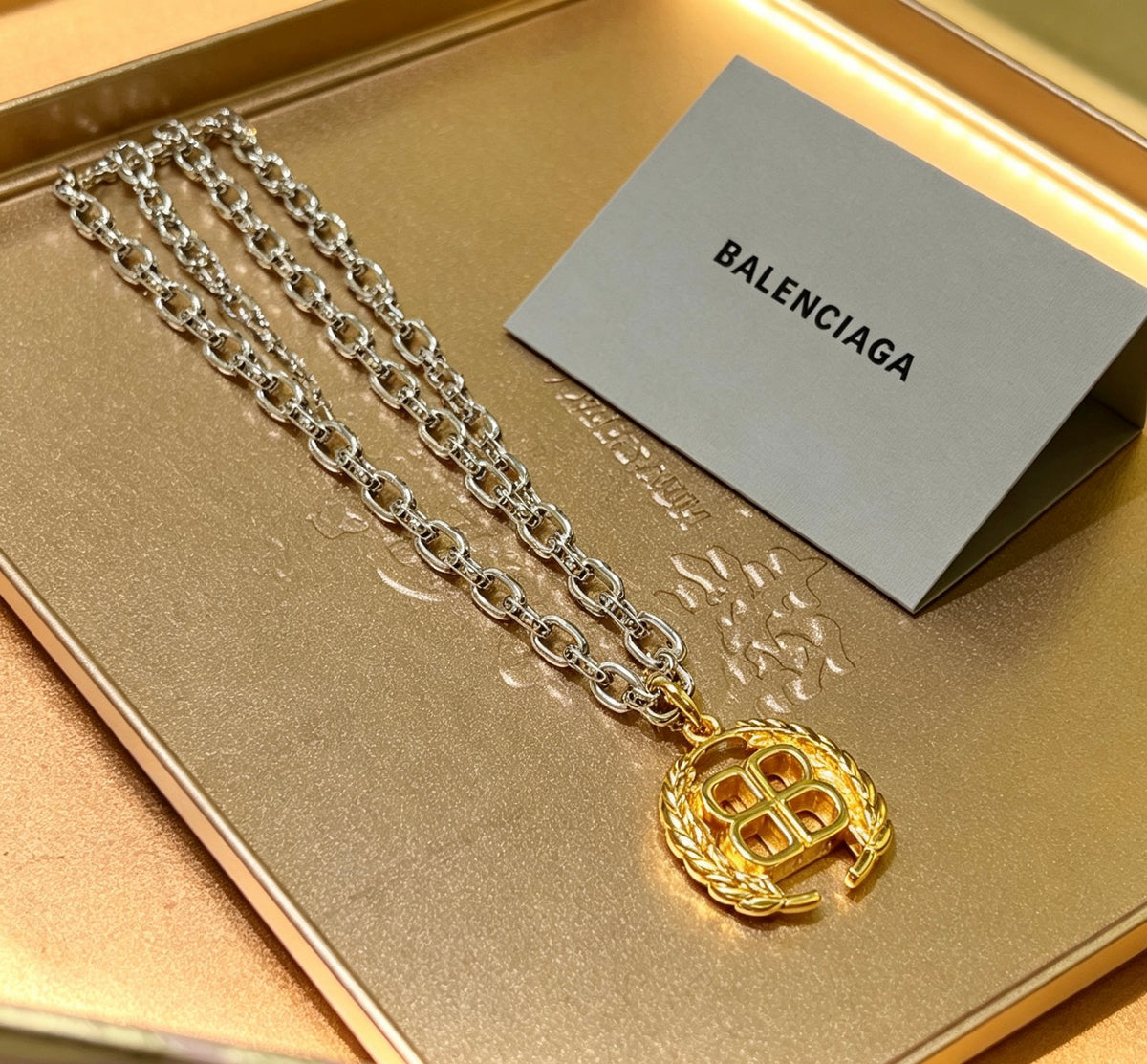 Geometric Emblem Pendant Necklace in Polished Metal-Tone – Vintage Detail – Design 017 detail view