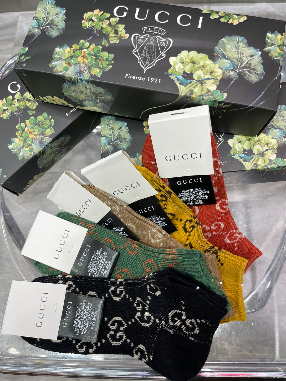 Gucci Floral-Box Monogram Crew Socks - Box of 5 Pairs