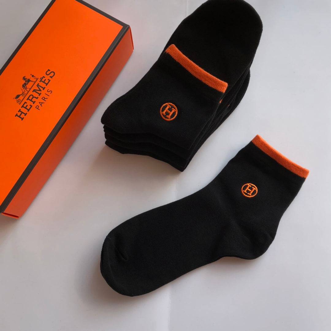 Hermes Orange Accent Mid-Calf Socks - 5-Pair Box