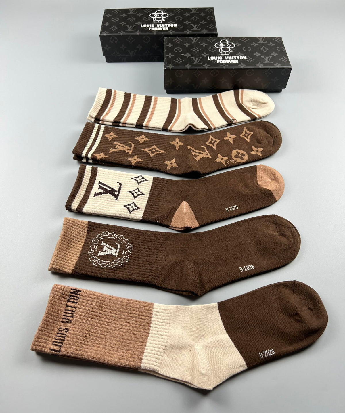 Louis Vuitton Cotton Stripes And Monogram-Style Motifs Crew Socks - 5-Pair Set