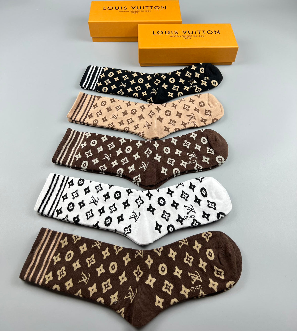Louis Vuitton Cotton Mixed Monogram-Style Patterns Crew Socks - 5-Pair Set