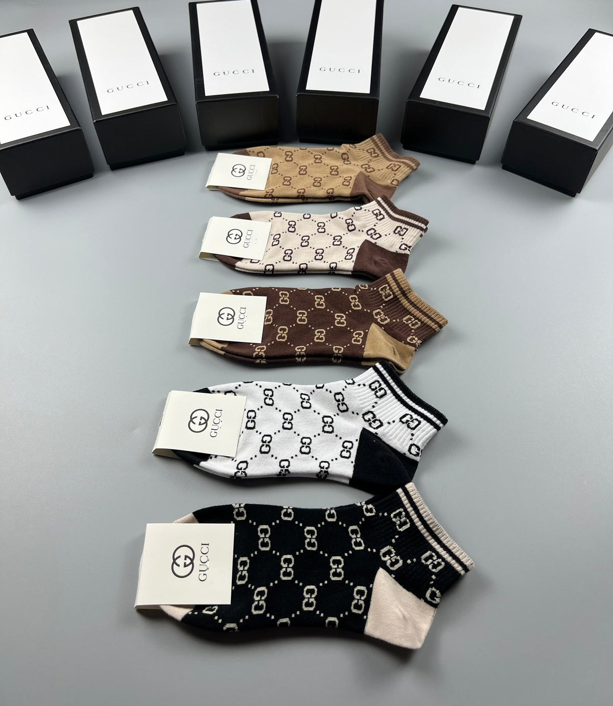 Gucci Neutral Monogram Crew Socks - Box of 5 Pairs