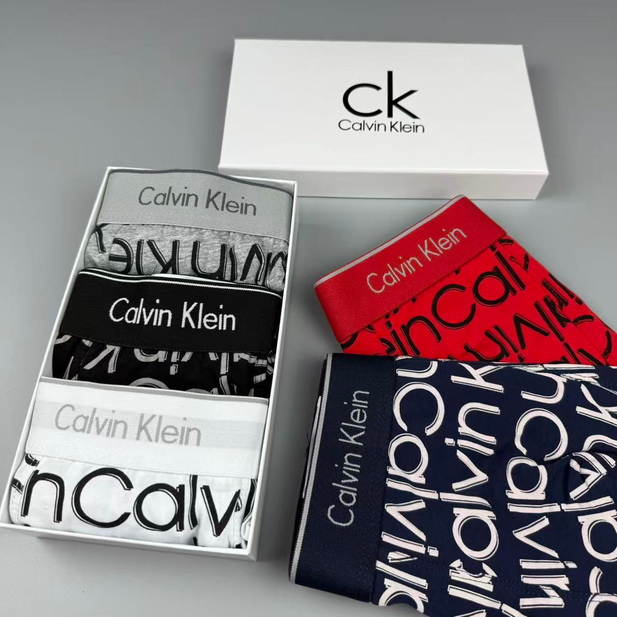 Calvin Klein Black, White, Grey & Red Letter Print Cotton Men's Boxer Briefs - 3-Piece Box