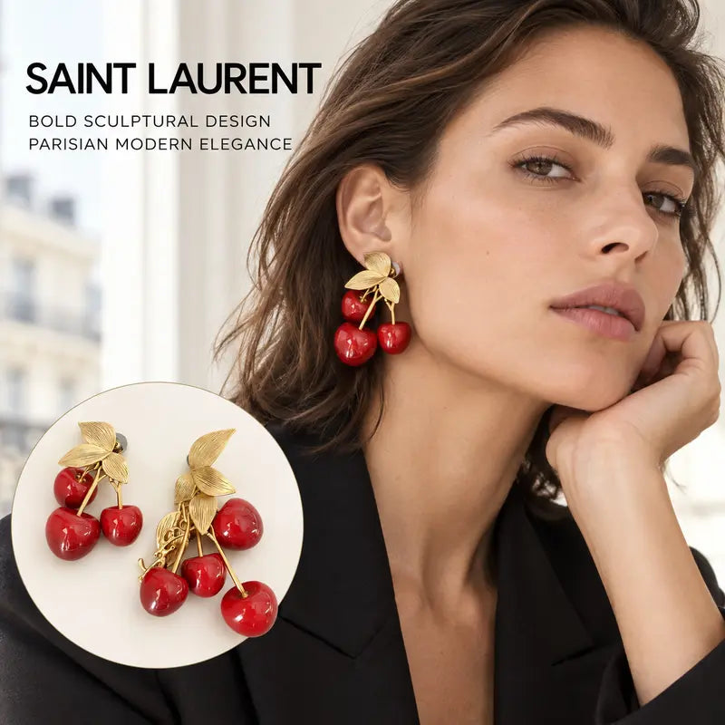 Saint Laurent Cherry Statement Earrings in Polished Metal-Tone styled main image