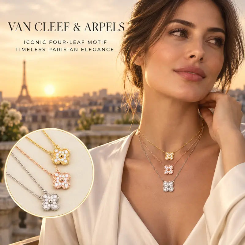 Van Cleef & Arpels Clover Pendant Necklace in Rose-Gold-Tone – Crystal Detail – Design 02 styled main image