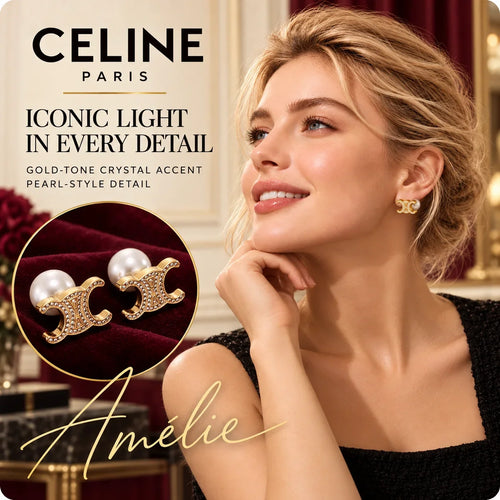 CELINE Gold-Tone Crystal & Pearl-Style Emblem Stud Earrings — model view with circular product close-up