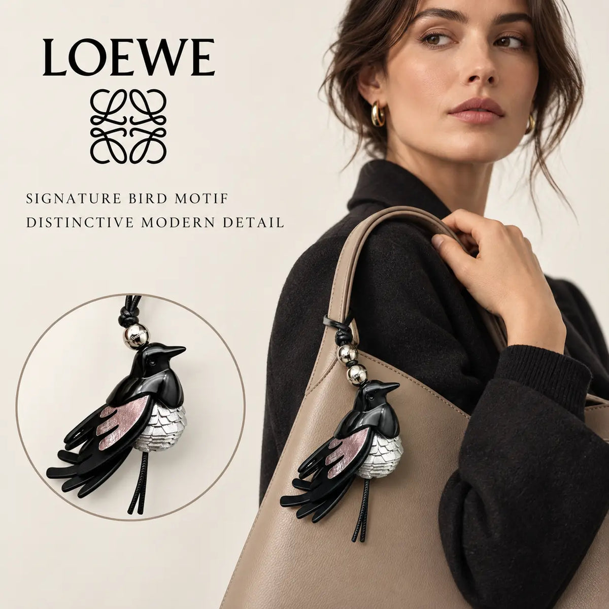 Bird Motif Bag Charm in Silver-Tone with Leather Detail main product view
