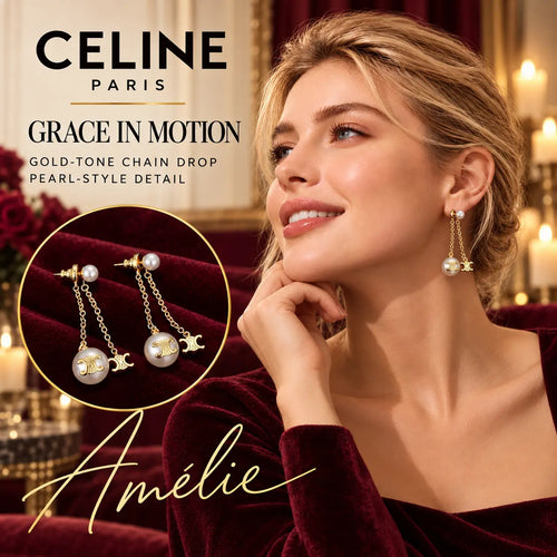 CELINE Gold-Tone Pearl-Style Chain Drop Earrings — model view with circular product close-up