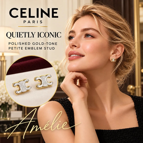 CELINE Gold-Tone Triomphe Emblem Stud Earrings — model view with circular product close-up
